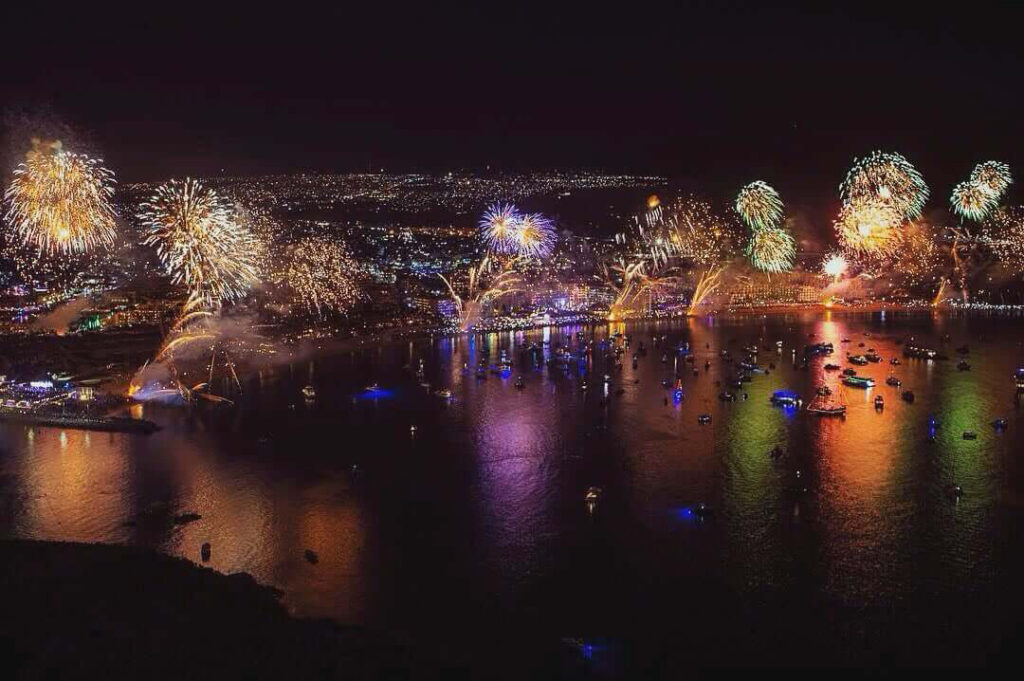 fireworks at night over cabo san lucas